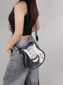 2025 New Creative Y2K Baddie Retro Micro Guitar Bag, Bass Guitar Asymmetrical Shoulder Bag, Chain And Rivet Decor Colorblocking Wide Strap Unisex Streetwear Bag (Small Size) - Black - View 10