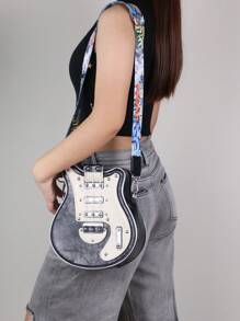 2025 New Creative Y2K Baddie Retro Micro Guitar Bag, Bass Guitar Asymmetrical Shoulder Bag, Chain And Rivet Decor Colorblocking Wide Strap Unisex Streetwear Bag (Small Size) - Black - View 8