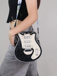 2025 New Creative Y2K Baddie Retro Micro Guitar Bag, Bass Guitar Asymmetrical Shoulder Bag, Chain And Rivet Decor Colorblocking Wide Strap Unisex Streetwear Bag (Small Size) - Black - View 7