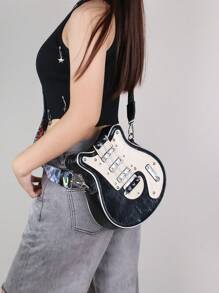2025 New Creative Y2K Baddie Retro Micro Guitar Bag, Bass Guitar Asymmetrical Shoulder Bag, Chain And Rivet Decor Colorblocking Wide Strap Unisex Streetwear Bag (Small Size) - Black - View 9