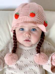 1 件装可爱草莓婴儿帽，带人造头发、耳朵保护、绒球、女童针织冬帽，防风、厚实、舒适、可爱、温暖 - 1PC - 查看 12