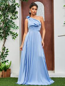 缎面舞会礼服单肩褶皱肩玫瑰花结缀饰及地长度派对晚礼服，优雅正式舞会礼服，适合婚礼嘉宾、毕业典礼、晚宴 - 藍色 - 查看 7