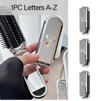 1件装二合一折叠式美发化妆镜 – 便携式桌面美妆工具，旅行必备，折叠梳子带化妆镜，方便携带，是旅行外出的理想之选，双用途气垫梳，头皮按摩梳