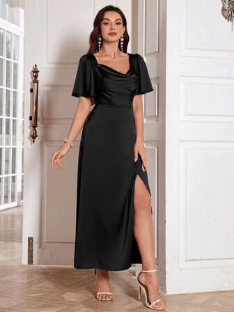 圣诞节纯色垂领裹身开叉鸡尾酒礼服