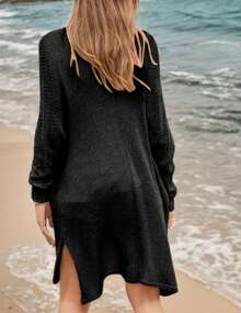 Sweater V-Neck Knitted Coat Long Sleeves Front Cardigan Thin See-Through Draped Length Knee-Length