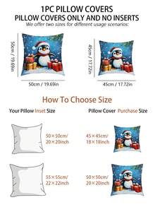 1 pieza Funda de cojín con diseño de caja de regalo de pingüino navideño, funda de almohada decorativa impresa de tela y felpa moderna para sofá, sala de estar, decoración navideña del hogar, sin relleno - Multicolor - Ver 2