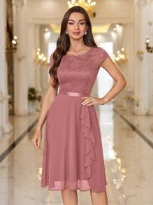 MIUSOL 花卉蕾丝束身荷叶边鸡尾酒礼服