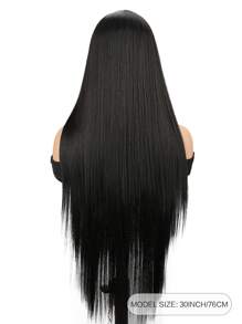 30 tums rak peruk, långa hår peruker svarta syntetiska peruker T del spets främre peruk Förplockade rakt hår peruker för kvinnor 30 tum limlösa peruker - Svart - Visa 2