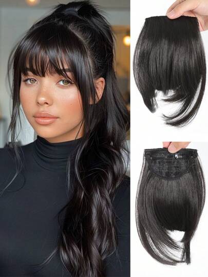 Extension de cabello postizo con flequillo recto natural de 10 pulgadas hecho de fibra resistente a altas temperaturas, con clip