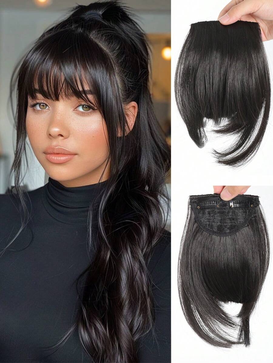 10 英寸天然直发合成刘海，带高温纤维、夹式接发