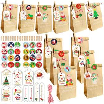 24st/set Julklappspåsar, Adventskalender Kraftpapperspresentpåsar, Julfest Godis Snack Favor Förpackningspåsar med clips, Hängande dekor Juldekorationer Juldekoration Julklappar Julfesttillbehör Julklappspåsar Julpåsar Juldekorationer