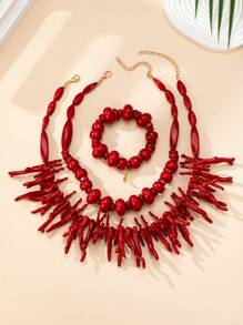 1 set di gioielli in stile bohémien, composto da collana e bracciale asimmetrici con corallo rosso e geometria, adatto per l'uso quotidiano delle donne - abito di corallo rosso - Visualizzare 2