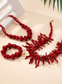 1 set di gioielli in stile bohémien, composto da collana e bracciale asimmetrici con corallo rosso e geometria, adatto per l'uso quotidiano delle donne - abito di corallo rosso - Visualizzare 4