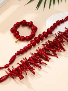 1 set di gioielli in stile bohémien, composto da collana e bracciale asimmetrici con corallo rosso e geometria, adatto per l'uso quotidiano delle donne - abito di corallo rosso - Visualizzare 5