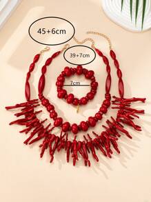 1 set di gioielli in stile bohémien, composto da collana e bracciale asimmetrici con corallo rosso e geometria, adatto per l'uso quotidiano delle donne - abito di corallo rosso - Visualizzare 3