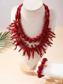 1 set di gioielli in stile bohémien, composto da collana e bracciale asimmetrici con corallo rosso e geometria, adatto per l'uso quotidiano delle donne - abito di corallo rosso - Visualizzare 6