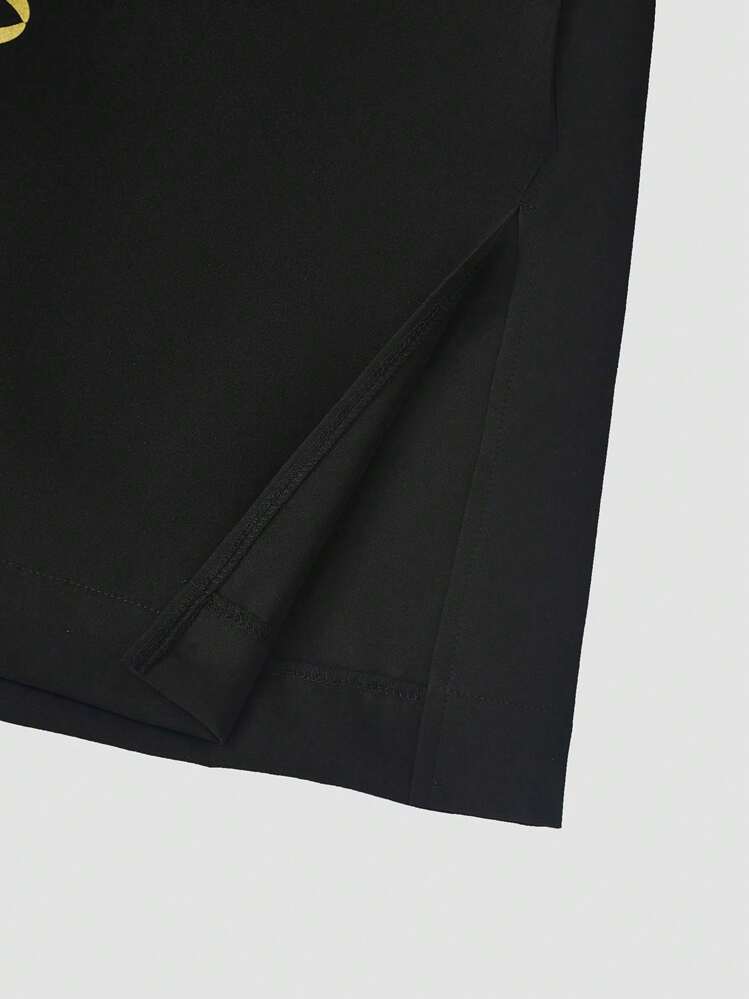 Men's Black Dashiki 2 Pieces Set, Long Sleeve Crew Neck Shirt With Gold Print, Slit Hem, Elastic Waist Pants, Casual Outfit, All Season, Streetwear, Party, Wedding - Black - View 9