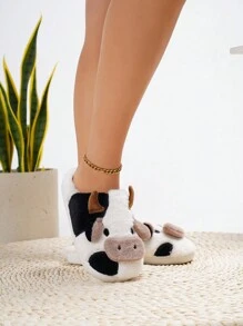 Cute Mini Cow Plush Warm Thermal Slippers For Home, Winter - White - View 4