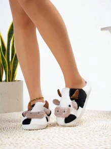 Cute Mini Cow Plush Warm Thermal Slippers For Home, Winter - White - View 3