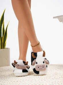 Cute Mini Cow Plush Warm Thermal Slippers For Home, Winter - White - View 5
