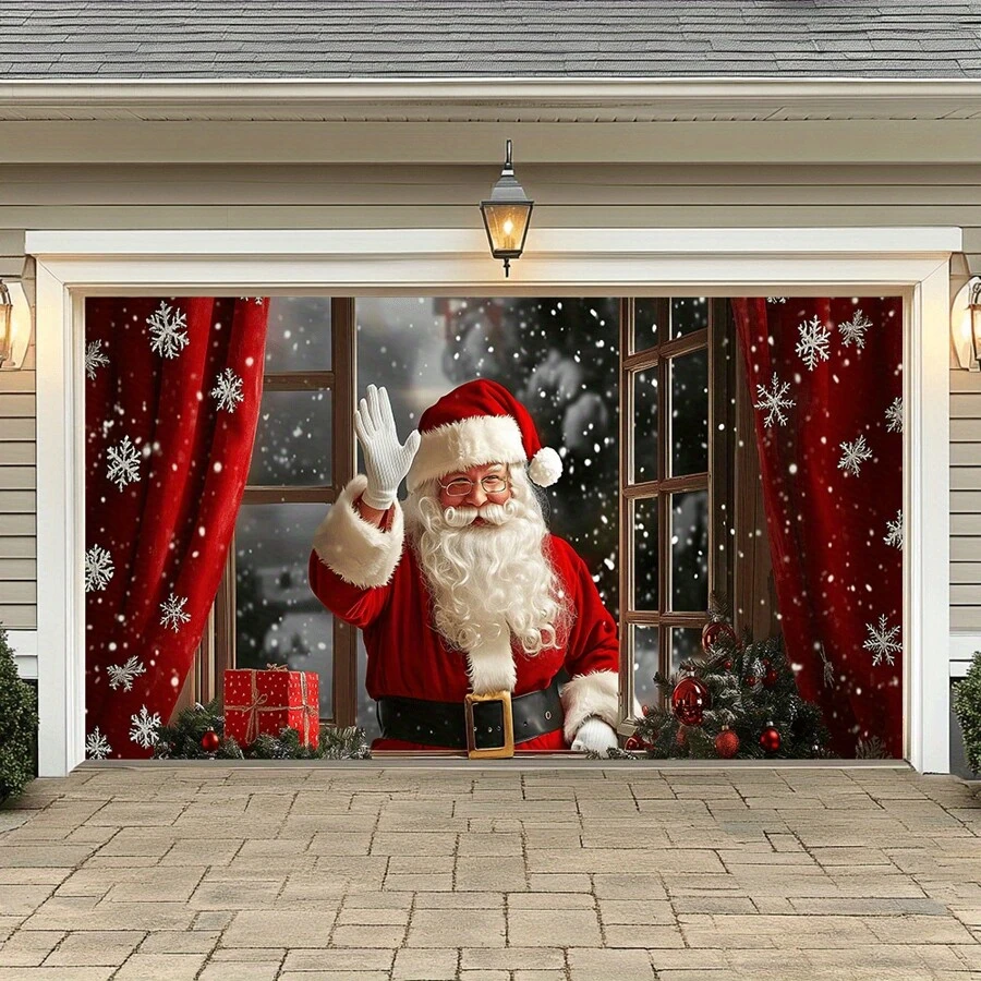 1pc,Santa Claus Greeting Garage Door Cover, Polyester Christmas Entryway Decor, Outdoor Hanging Festive Scene Without Electricity, Weather-Resistant Holiday Wall Backdrop,Christmas