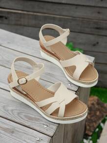 Summer New Outdoor Simple & Comfortable Cross Strap Women's Wedge Heel Platform Sandals - Beige - View 5