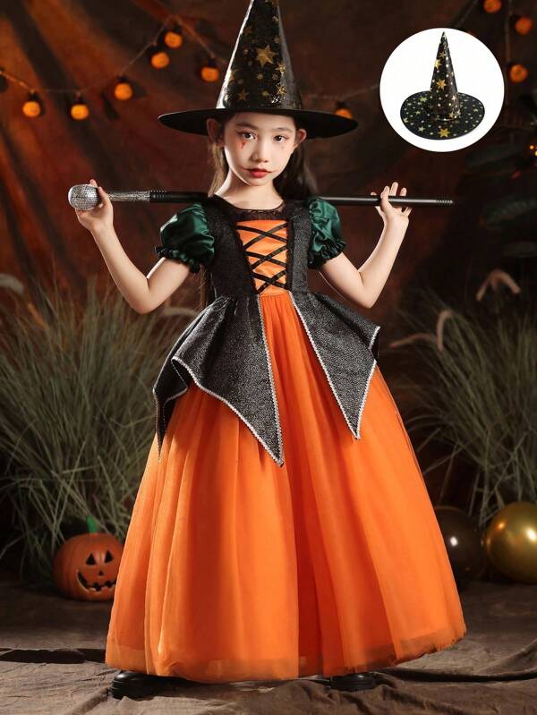 Tween Girl Black Halloween Pumpkin Mesh Long Dress With Hat (Set)