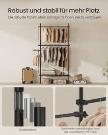 SONGMICS Kleiderständer deckenhoch, 3-stufige Garderobe, höhen- und breitenverstellbar, offener Kleiderschrank mit abnehmbaren Ablagen, Garderobenleiste, Greifarm - Schwarz - Übersicht 2