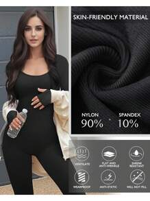 Women's One-Piece Yoga Bodysuit, Seamless Long-Sleeve Athletic Shaping Suit, High-Stretch Comfortable Breathable Yoga Jumpsuit - 黑色 - 查看 3