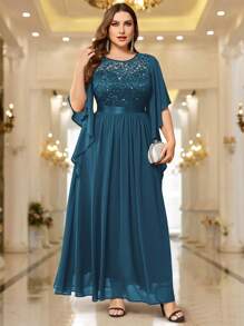 Elegant Butterfly Sleeve Sequin Lace Bodycon Formal Maxi Dress - Dusty Blue - View 5