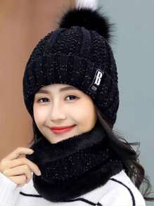 1 set Bonnet et écharpe tricotés pour femme en hiver, ensemble de bonnet épais doublé pour réchauffer les oreilles