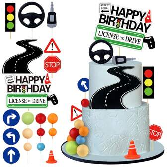19 st körkortstårtdekorationer, tårtdekorationer för nya förare, 16-17-årsdagstårtdekorationer för att fira nya förare, födelsedag och vägskyltstema, festtillbehör, jul
