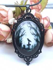 1pc Gothic Raven Cross Glass Pendant Necklace, Halloween - Black - View 3