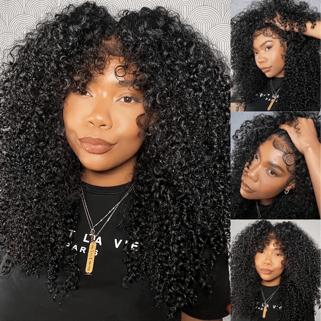 4C Edges Kinky Curly Lace Front Wigs Human Hair 4x4 Transparent Lace Closure Wigs With Curly Edges Baby Hair, Deep Wave Curl Wig Pre-Plucked Hairline 180% Density