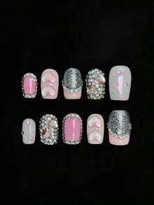 10 件手工按压指甲，Y2K 热女孩风格满钻滴水短方形假指甲，适合女孩和日常佩戴 - 彩色 - 查看 3