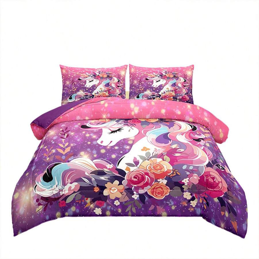 NINENINE Pink Unicorn Comforter Sets Twin/Full/Queen/King Size, Rainbow Unicorn Bedding Sets For Girls, Pink Bedding Set Unicorn Chessboard Room Decor All Season - Purple - View 1
