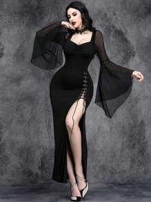 女式哥特式性感金属镂空万圣节派对拼布连衣裙，黑色优雅长袖正式晚会舞会礼服，适合婚礼嘉宾、毕业典礼、晚宴