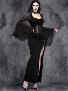 女式哥特式性感金属镂空万圣节派对拼布连衣裙，黑色优雅长袖正式晚会舞会礼服，适合婚礼嘉宾、毕业典礼、晚宴