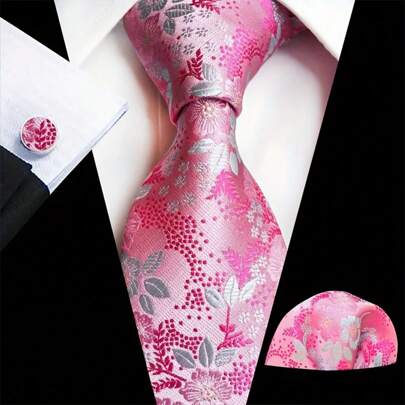 Bộ 3 món: Cà vạt, khăn tay và khuy măng sét màu hồng 3,15", Bộ cà vạt thời trang cao cấp cho nam giới, ngày lễ tình nhân, tiệc cưới, ngày lễ tình nhân