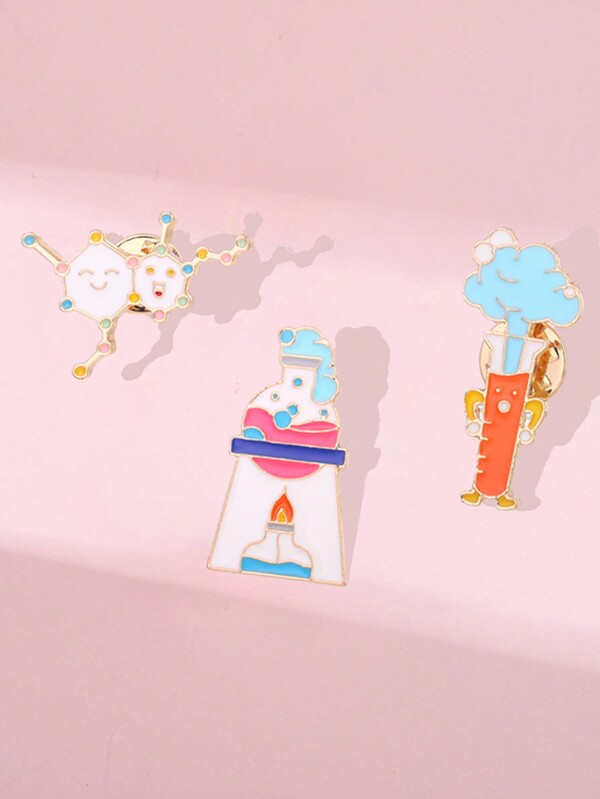 3pcs Chemical Molecular Shape Brooch, Cute Cartoon Style, Teacher Gift, Student Accessories, Unique Metal Creative Pin Badge