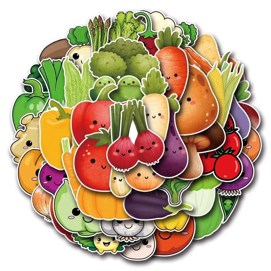50 piezas Pegatinas de garabatos de frutas y verduras de dibujos animados, adecuadas para decorar portátil, monopatín, guitarra, botella de agua, equipaje, cuaderno, arte de pegatinas DIY, pegatinas, pegatinas de frutas, cuaderno