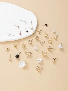 30 对金色金属和珍珠水钻心形、叶子、花朵、字母耳钉套装，适合女士 - 彩色 - 查看 2
