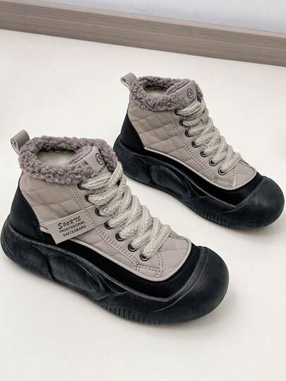 Botas de nieve de tela gruesa para mujer, de alta altura y color marrón/negro, para el invierno de 2024. Zapatos casuales de estudiante cómodos y cálidos, de moda y livianos