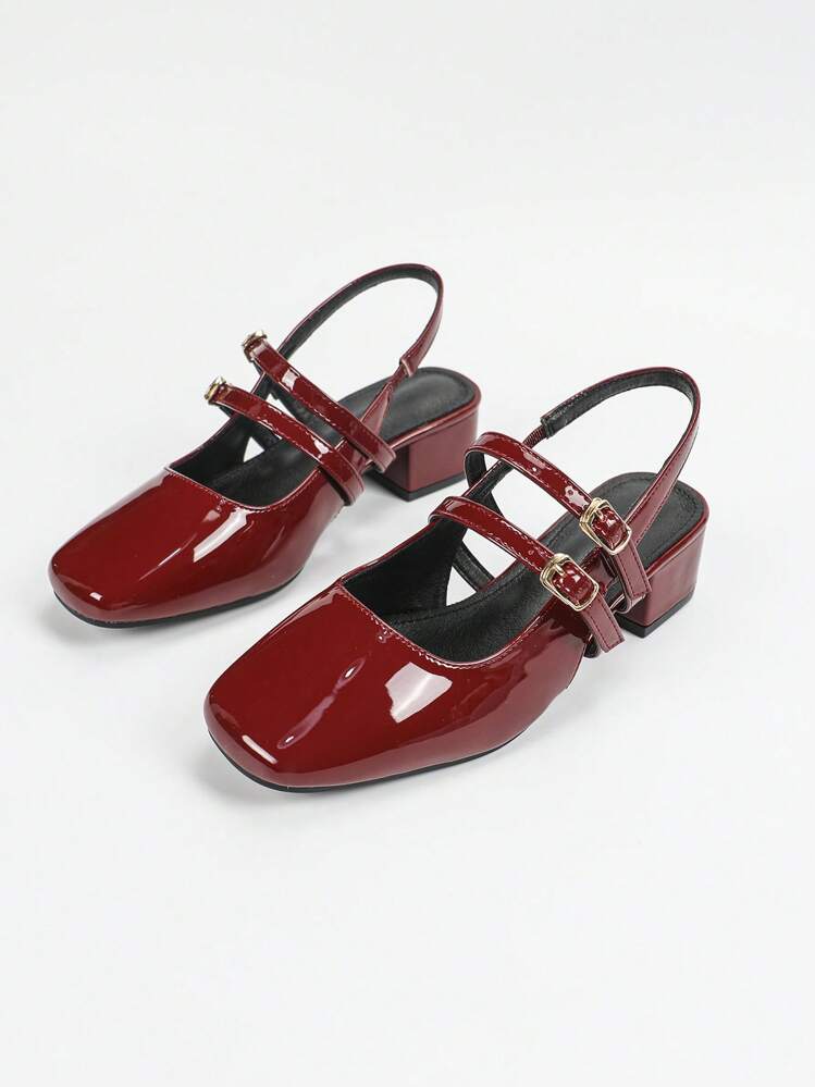 Zapatos de tacón alto de ajuste ancho para mujer, sandalias de cuero patentado de moda, sandalias de tira, sandalias de trabajo, sandalias de estilo Mary Jane, bailarinas casuales de tira, tacones burdeos de ajuste ancho - Burdeos - Añade 6