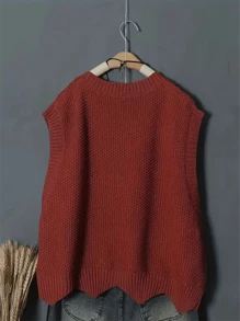 Solid Round Neck Sleeveless Vest, Spring And Autumn Casual Sleeveless Vest, Women's Clothing - 橘色 - 查看 5