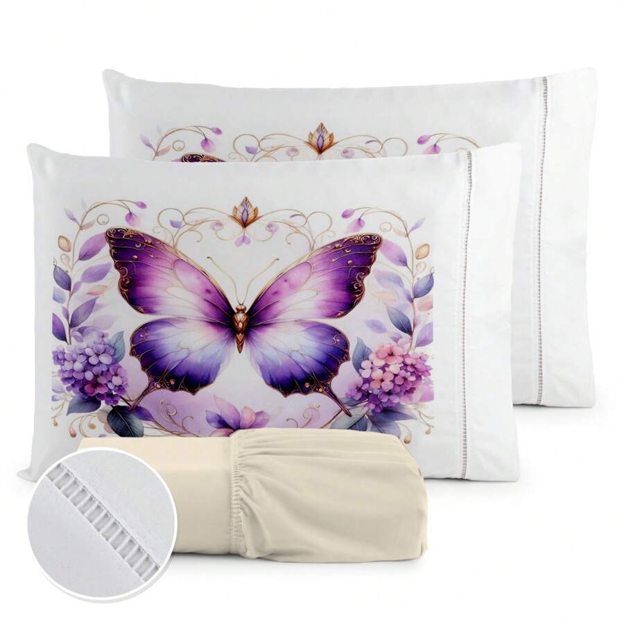 3-Piece Queen Bed Set 400 Thread Count With Elastic And Butterfly Print - Màu Khaki - Xem 1