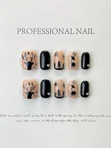 YADORNOS 10pcs Black Brown Hand Painted Christmas Tree Elk Winter Handmade Press On Nails, Square Full Cover Reusable Fake Nail Tips With Jelly Glue And Nail File, Home DIY Nail Supplies Xmas Christmas New Year Gifts