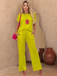 Women's 2-Piece Confy Basic T-Shirt Set With Viscose Lycra Pants - Màu xanh chanh - Xem 2