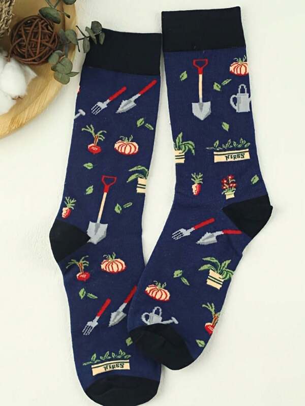 1 Pair Men Cartoon Garden Pattern Crew Socks - Ultra-Breathable, Super Soft, Relaxed Fit, Street Style - Perfect For Men Outdoor Activities And Casual Occasions, Versatile For All Seasons
