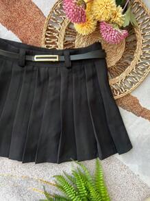 Women's Tailored Pleated Skirt Shorts With Zip And Belted Waist - 黑色 - 查看 2